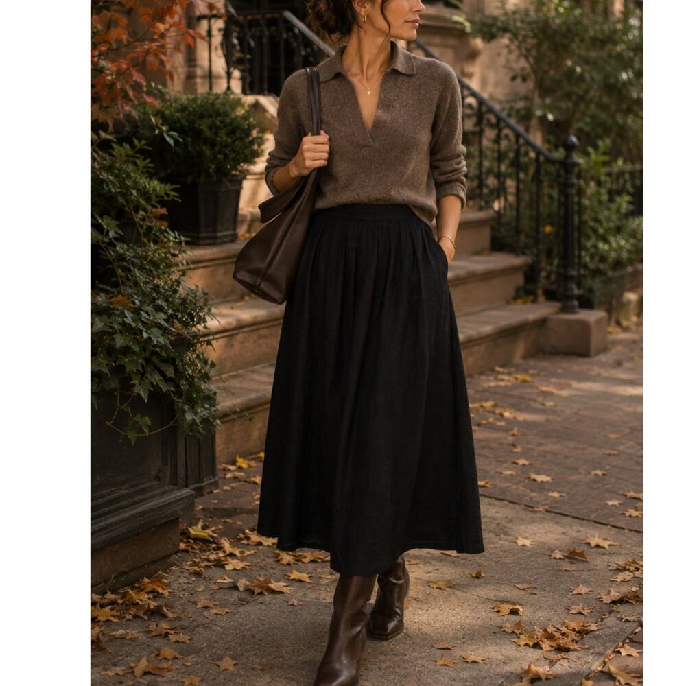 Vintage Bugardi Black 100% Linen Pleated Midi Skirt Pockets Minimalist size M - Picture 4 of 10